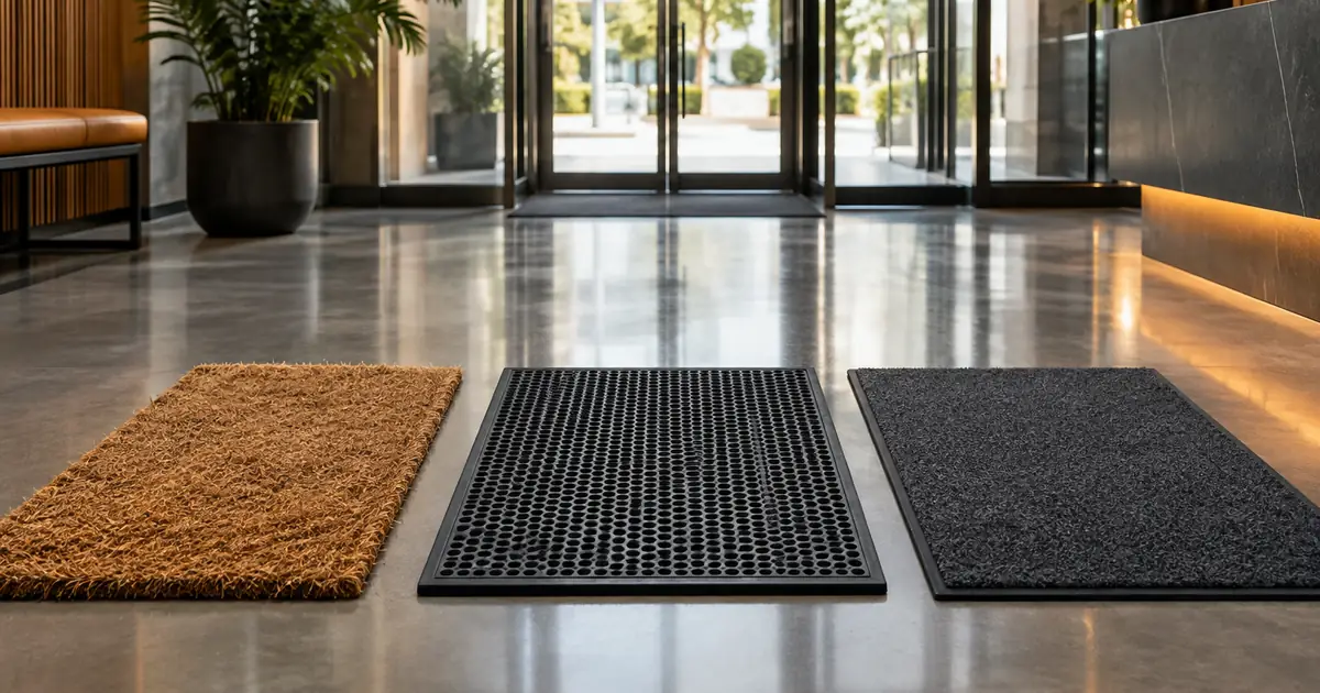 Three commercial entrance mats — coir, rubber, and charcoal carpet — laid side by side in a modern lobby