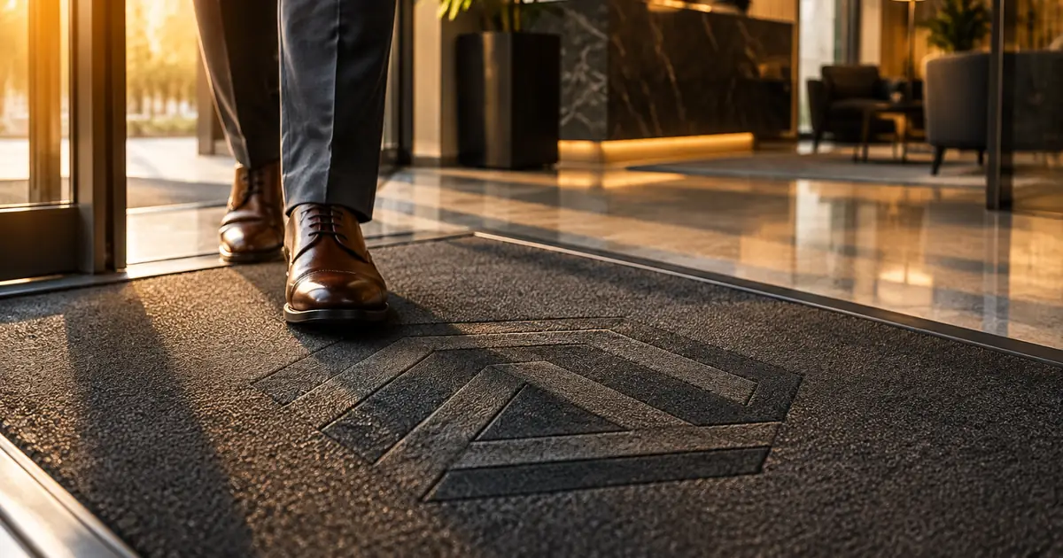 A custom logo mat with an embossed geometric design at a modern office entrance