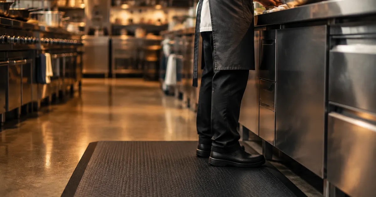 A chef standing comfortably on a thick black anti-fatigue mat in a professional kitchen