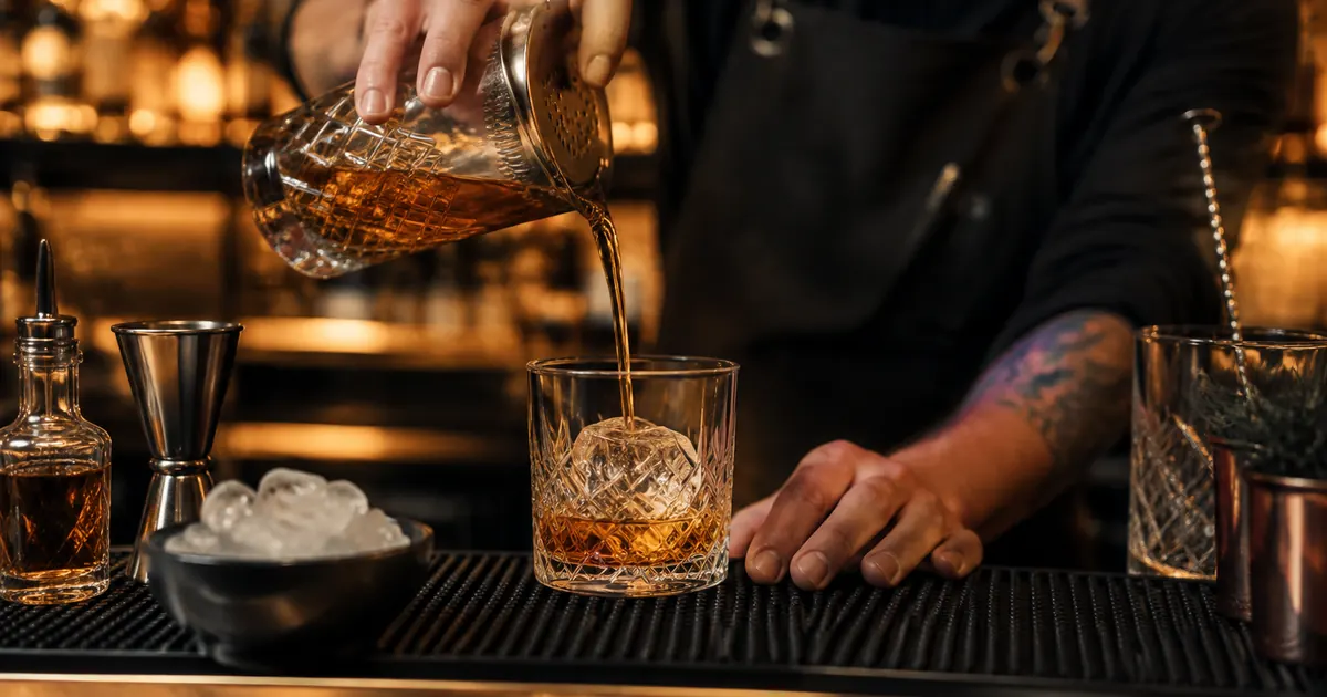 A bartender pouring a drink over a black rubber bar mat with ice and glassware