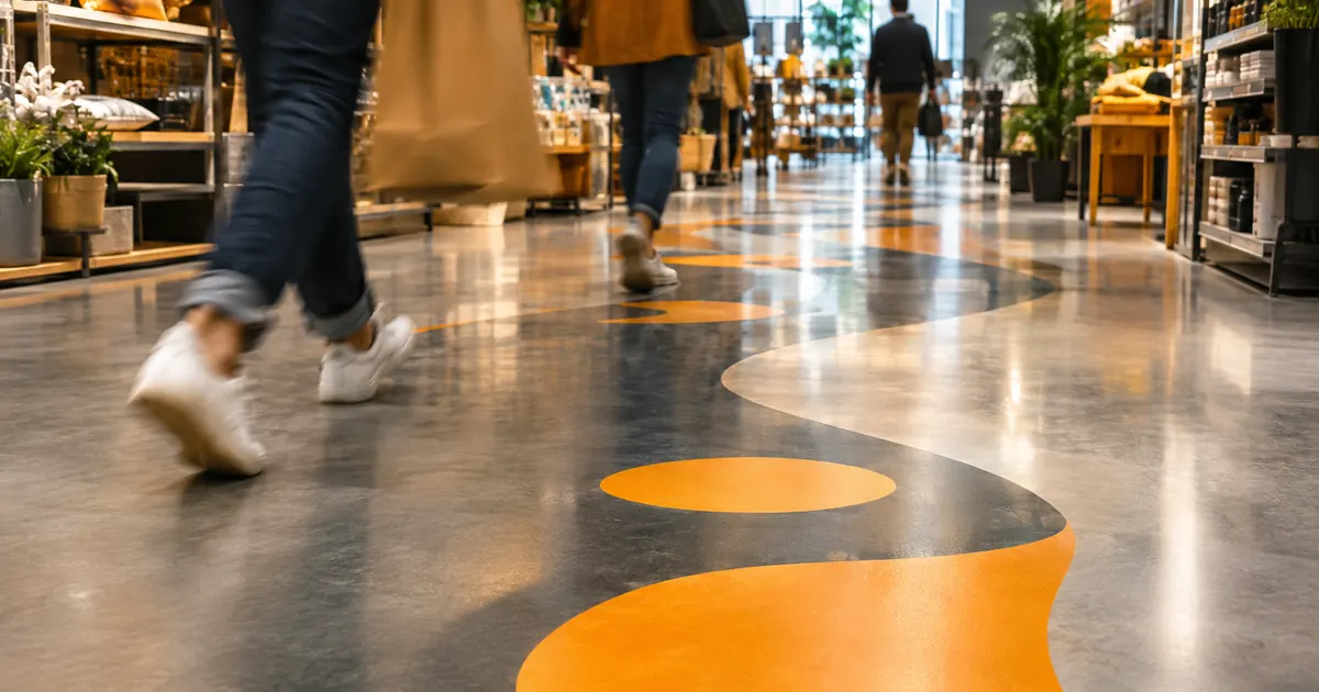 A bright retail aisle with a large vinyl floor graphic guiding shoppers through the store