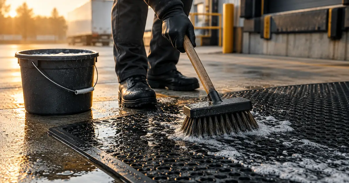 A worker scrubbing a dark rubber entrance mat with a brush and soapy water on a loading dock