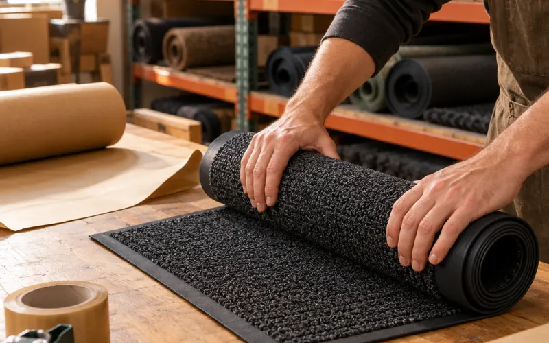 Hands rolling a rubber entrance mat for packing at Zepharo