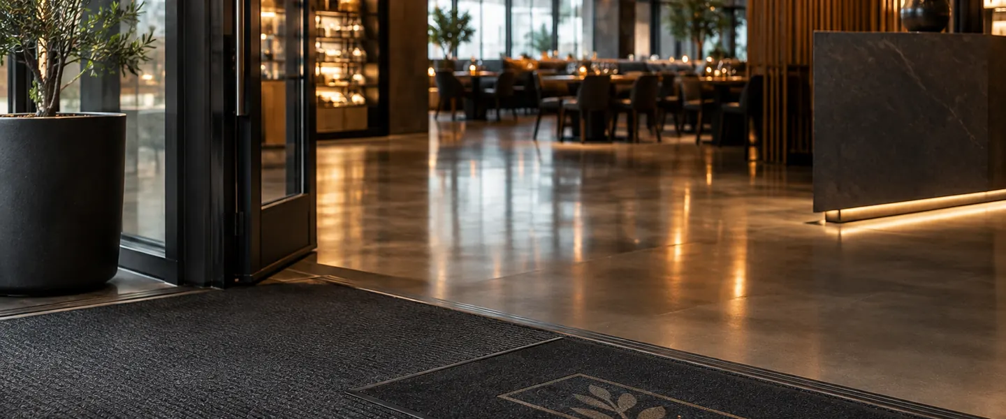 A modern lobby entrance with a sleek charcoal commercial entrance mat