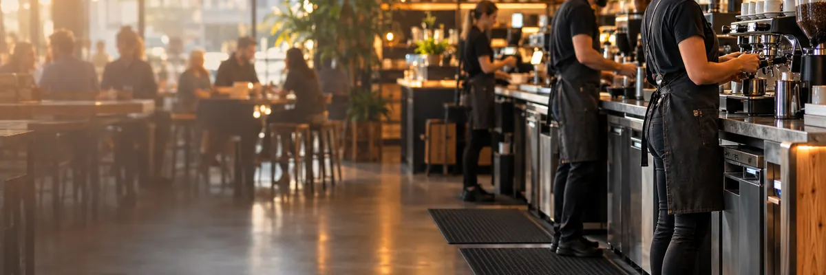 Staff working on anti-fatigue mats in a busy modern cafe